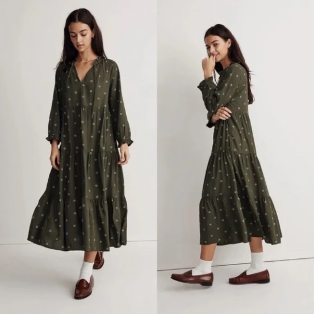 Madewell Tie-Neck Tiered Midi Dress in Stardot Size XL